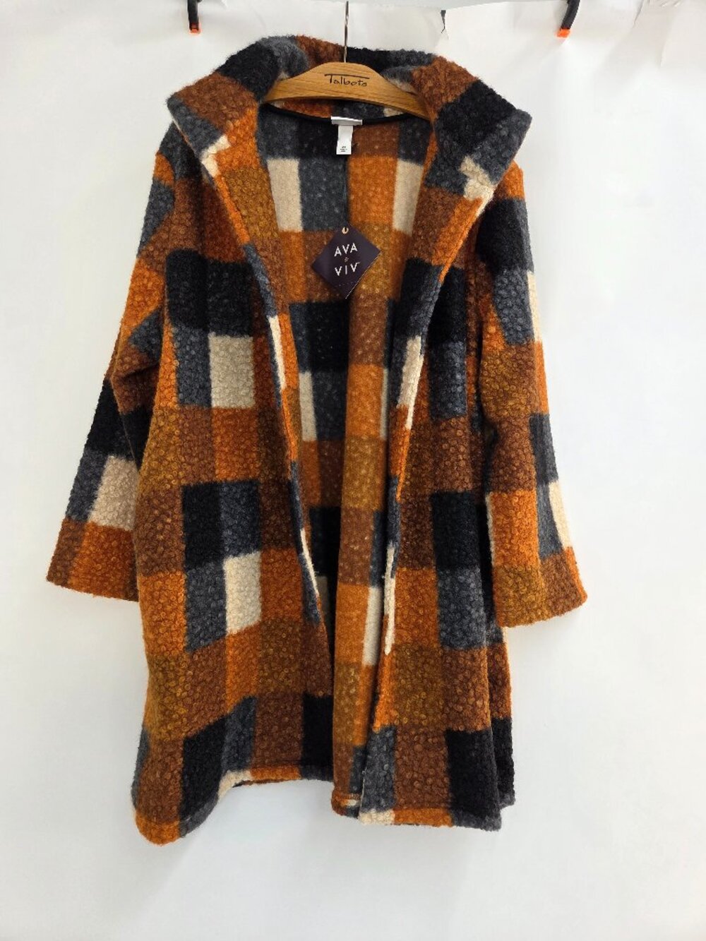 Ava & Viv Women's Plus Size 2X Plaid Boucle Coatigan Open Jacket Orange Gray NWT